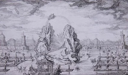 Tűzijáték a Dauphin (XV. Lajos fia) születésének megünneplésére Jean Dumont (Le Romain) metszete (1701-81) 1730 (rézkarc)