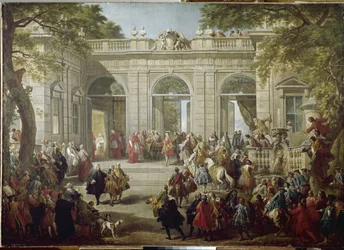 III. Károly spanyol király, illetve Bourbon Károly nápolyi király (Carlo Borbone) (1716-1788) meglátogatja XIV. Benedek pápát a Quirinale-palota (Quirinal) kávéházában. Festmény (1691-1765), 1746. Nápoly, Museo Nazionale di Capodimonte