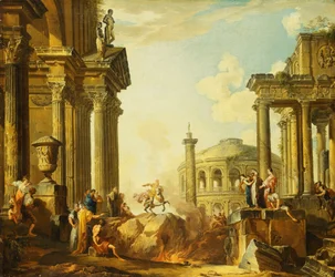Marcus Curtius beugrik a szakadékba, egy Capriccio Traianus oszlopával és más klasszikus épületekkel azon túl,