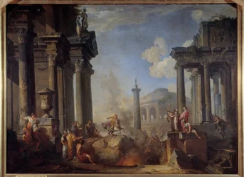 Marcus Curtius belevetette magát a szakadékba Marcus Curtius vitéz római polgár Krisztus előtt 362-ben feláldozta magát a római isteneknek egy fórumon. Giovanni Paolo Pannini (Panini) festménye (1691-1765) 18. század V. 0,99 x 1,34 m