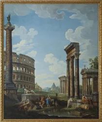 Capriccio figurákkal római romokban, köztük Konstantin íve és a Pantheon, a Colosseum és Traianus-oszlop (Traianus oszlopa vagy Colonna Traiana) – Giovanni Paolo Panini (Pannini) (1691-1765) festménye, olaj, vászon, 2108. x1