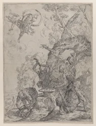 Vulkán kovácsa kalapáccsal üllőt ütő kovácsokkal..., 1640-59.