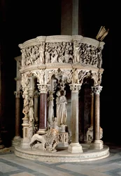 Szék. Giovanni Pisano (1248-1314) márványszobra. 1302-1311 Pisai katedrális (Santa Maria Assunta di Pisa székesegyház), Olaszország