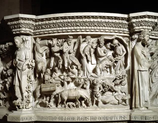 Részlet a Giovanni Pisano (1248-1314) által készített Szék domborműveiről: az utazás és a mágusok imádása (A márvány szószék domborműveinek részlete, a mágusok utazása és imádása) 1302-1311 Pisai katedrális (Duomo di Pisa), Olaszország
