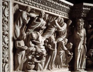 Részlet a Giovanni Pisano (1248-1314) által megvalósított szék domborműveiről: Keresztelő János angyali üdvözlete, látogatása és születése (A márvány szószék domborműveinek részlete, az angyali üdvözlet, a látogatás és Keresztelő Szent János születése) 130
