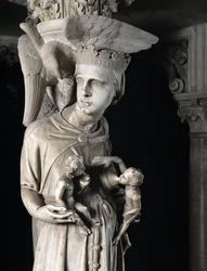 Részlet a Giovanni Pisano (1248-1314) által megvalósított Széket támogató faragott csoportokról: a gyermekeit tápláló egyház (Részlet a márvány szószéket alátámasztó szobrokról, az egyház táplálja gyermekeit) 1302-1311 Cathedrale de Pisa (Duomo di Pis)