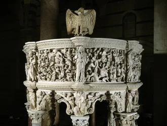 Giovanni Pisano (1248-1314) által készített szék felső részének áttekintése (A márvány szószék domborműveinek részlete) 1302-1311 Cathedrale de Pisa (Duomo di Pisa), Olaszország