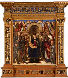 Pala Oliva. Madonna és gyermeke Szent György, Assisi Ferenc között trónol…, 1489.