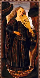 A múzsa Terpsichore, 1480 körül, Giovanni Santi (1430 vagy 1440-1494), fa, cm 82x39. Olaszország