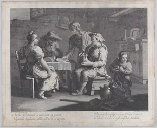 Három ember ül a bal oldalon egy asztal körül, miközben egy férfi üres tányért hoz..., 1760-70.