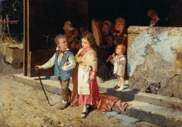 Fiatal házaspár, Giovanni Del Re (1829-1919), olajtábla, 23x33 cm