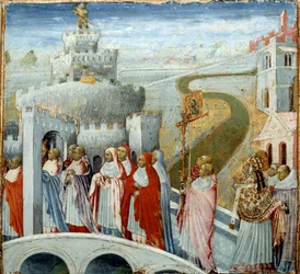 I. Gergely pápa körmenete a Nagyot vagy a párbeszédet (532-604) (jobbra) a római Saint Angelo kastélyban (Castel Sant