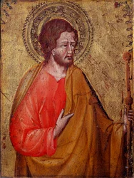 Pelerin Szent Jakab ábrázolása Őrnagy Szent Jakab vagy Szent Jakab, Zebedeus fia. Giovanni di Paolo festménye (1395 / 1400-1482) 15. századi Assisi, a San Francesco-bazilika Kincstárának Múzeuma és a Perkins-gyűjtemény