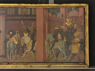 Traianus és az özvegy története, részlet egy cassone tábláról, 1450 körül (tempera, tábla)