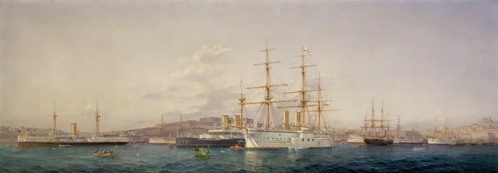 A HMS "Alexandra" hajó Máltán körülveszi a brit flotta hozzá tartozó hajóit. Olaj, vászon