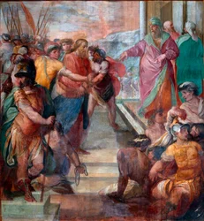 Krisztust Caiphus elé vezetik Girolamo Massei (1540-1614) 1594-1600 Róma, Santa Prassede által készített Krisztus szenvedéséről szóló freskó részlete