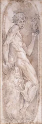 Ádám kezében egy almával, ülve, egy medálban, 1547-1553 körül