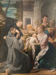 Szent család Páduai Szent Antal, Assisi Szent Ferenc és Szent János evangélistával, Girolamo Mazzola Bedolival