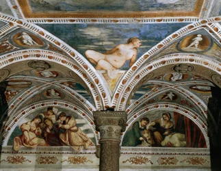 A tavasz allegóriája holddal az előtérben, Girolamo Romanino freskóinak részlete (kb. 1484-1559 után), Bernardo Clesio megrendelésére