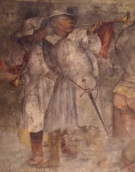 Trombitán játszó férfi figurája, Girolamo Romanino freskójának részlete (1484-1566 körül), Szent Antal (Szent Antonio) templom, Breno, Olaszország