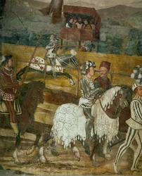 Keresztény király és Bartolomeo Colleoni egy tornát néznek (freskó)