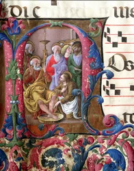 Díszített levél, amely Krisztust ábrázolja, amint lábat mos, Girolamo da Cremona miniatúrája (aktív 1451-1483 körül) és Liberale da Verona (1445-1529) egy kórustól (Cod. 22/7. c.37) a sienai katedrálisból. 15. századi székesegyház (Duomo), Siena, Olaszorsz