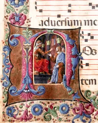 Decoree betűk Jézus Krisztust ábrázolva Pontius Pilátus előtt Girolamo da Cremona (1451-1483 körül) és Liberale da Verona (1445-1529) miniatúrája a székesegyház kórusától (Cod. 22/7. c. 22.) Siena. 15. századi székesegyház (Dóm