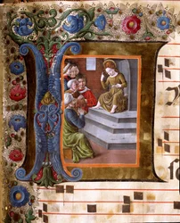 Gyermek Krisztust és Girolamo da Cremona miniatűr doktorait (1451-1483 körül) és Liberale da Verona (1445-1529) ábrázoló decoree lettrine a sienai székesegyház kórusától (Cod. 19/4. c. 13.). 15. századi székesegyház (Duomo) of Siena, It