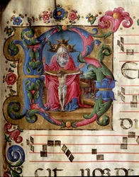 A B betű decoree a Szentháromság (a kegyelem trónja) Istent, Jézus Krisztust és a Szentlélek galambját (Szentlélek) képviseli. Girolamo da Cremona miniatúrája (1451-1483 körül) a sienai katedrális kórusától (Cod. 10/L. c.81v). 15t