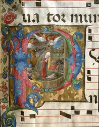 Girolamo da Cremona (tevékenykedett 1451-1483 körül) Miniatűr Nativite-ját ábrázoló Lettrine P decoree a sienai székesegyház egyik kórusából (Cod. 18/3). 15. századi sienai székesegyház (Duomo), Itália