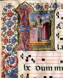 Girolamo da Cremona (1451-1483 körül) miniatűr áldozati jelenete egy kórustól (Cod. 10/L. c.114v.) a sienai katedrálisból. 15. századi székesegyház (Duomo), Siena, Olaszország