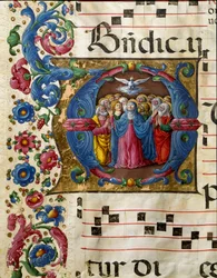 A Szentlélek galambja (Szentlélek) megjelenik Szűz Máriának és az apotereknek. Girolamo da Cremona miniatúrája (1451-1483 körül) a sienai katedrális kórusától (Cod. 10/L. c.32v). 15. századi székesegyház (Duomo), Siena, Olaszország