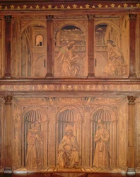 A restaurálás utáni szekrények az északi sekrestyében (Sacrestia delle Messe), amelyeken az Annunciáció és a trónoló püspök látható (intarziás fa) (lásd 143298).