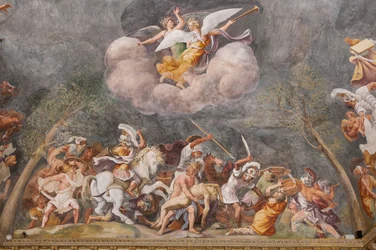 Ajax védi Patroclus holttestét a trójai csata során, A trójai faló, Trójai Kamara (Sala di Troia)