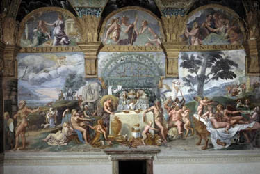 Ámor és Psyche házasságát ünneplő nemesi lakoma, Ámor és Psyché termének déli fala, 1527-31 körül (freskó)