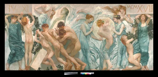 Diptichon: a fete (la sagra) - Giulio Aristide Sartorio (1860-1932) festménye 1906 Dim 180,5 x 398,5 cm Magántulajdon (Diptichon, Giulio Aristide Sartorio festménye Magántulajdon)