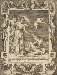 Titius bensőjét faló keselyű, Ámor két nő fölött balra, egy...-en belül, 1531-76.