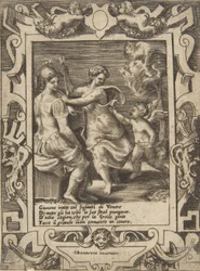 Athéné Juno közelében ül, aki elvette Ámor nyilait, egy kidolgozott keretben..., 1531-76.