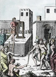 Halálbüntetés: halálos ítélet végrehajtása a guillotine elődjével (lefejező géppel), amelyet Olaszországban Mannaiának neveztek, és Achille Bocchi tervezett 1555-ben. Giulio Buonasone (Bonasone) (1498-1574) metszete, a Mannaia ábrázolása