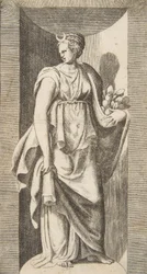 Diana bal kezében gyümölcsöt tart egy fülkében, kb. 1531-76.
