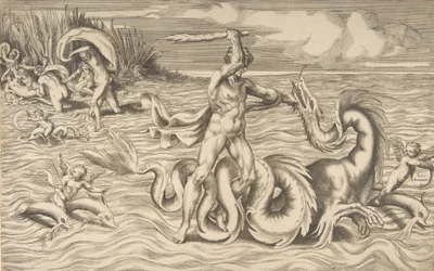 Herkules harcol egy sárkánnyal középen, Achelous elviszi Deianeirát a bal felső sarokban, 1531-76.