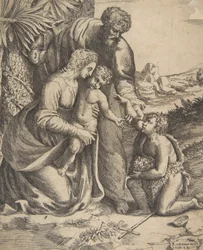 Szent Család Keresztelő Szent Jánossal, aki a jobb oldalon térdel, 1531-76.