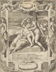 Ixion egy felhőt ölelve, azt gondolva, hogy Junó, jobbra Ámor, egy feldolgozásban játszódik..., 1531-76.