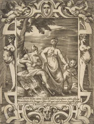 Jupiter balra egy pásztor alakjában, Mnemosyne kíséretében, egy kidolgozáson belül, 1531-76.