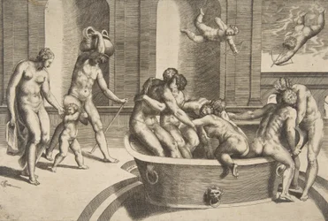 Férfiak és nők fürdőzve, néhányan ölelkezve, 1531-76.