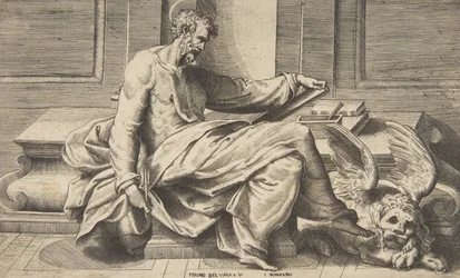 Szent Márk evangéliumát írja, jobbra szárnyas oroszlán, 1531-76.