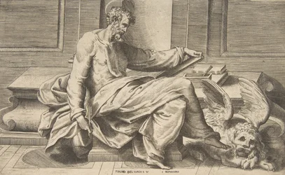Szent Márk evangéliumát írja, jobbra szárnyas oroszlán, 1531-76.