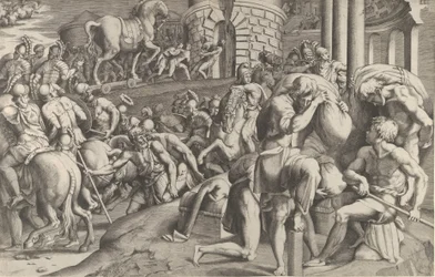 A trójaiak a falovat Trójába hurcolják, 1545.
