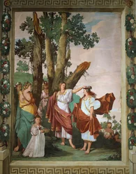 Amarüllisz nimfa, egy csókverseny győztesévé koronázva, Giulio Carpioni freskója, Giovanni Battista Guarini (1538-1612) „A hűséges pásztor” című pásztorjátékának ihletésére, Villa Caldogno (az UNESCO világörökségi listája)