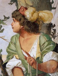 Sylvius juhász véletlenül megsebesíti Dorinda nimfát, és beleszeret. Giulio Carpioni freskója A hűséges pásztor című pásztorjáték ihlette Giovanni Battista Guarini, Villa Caldogno, Caldogno, Veneto, Olaszország.